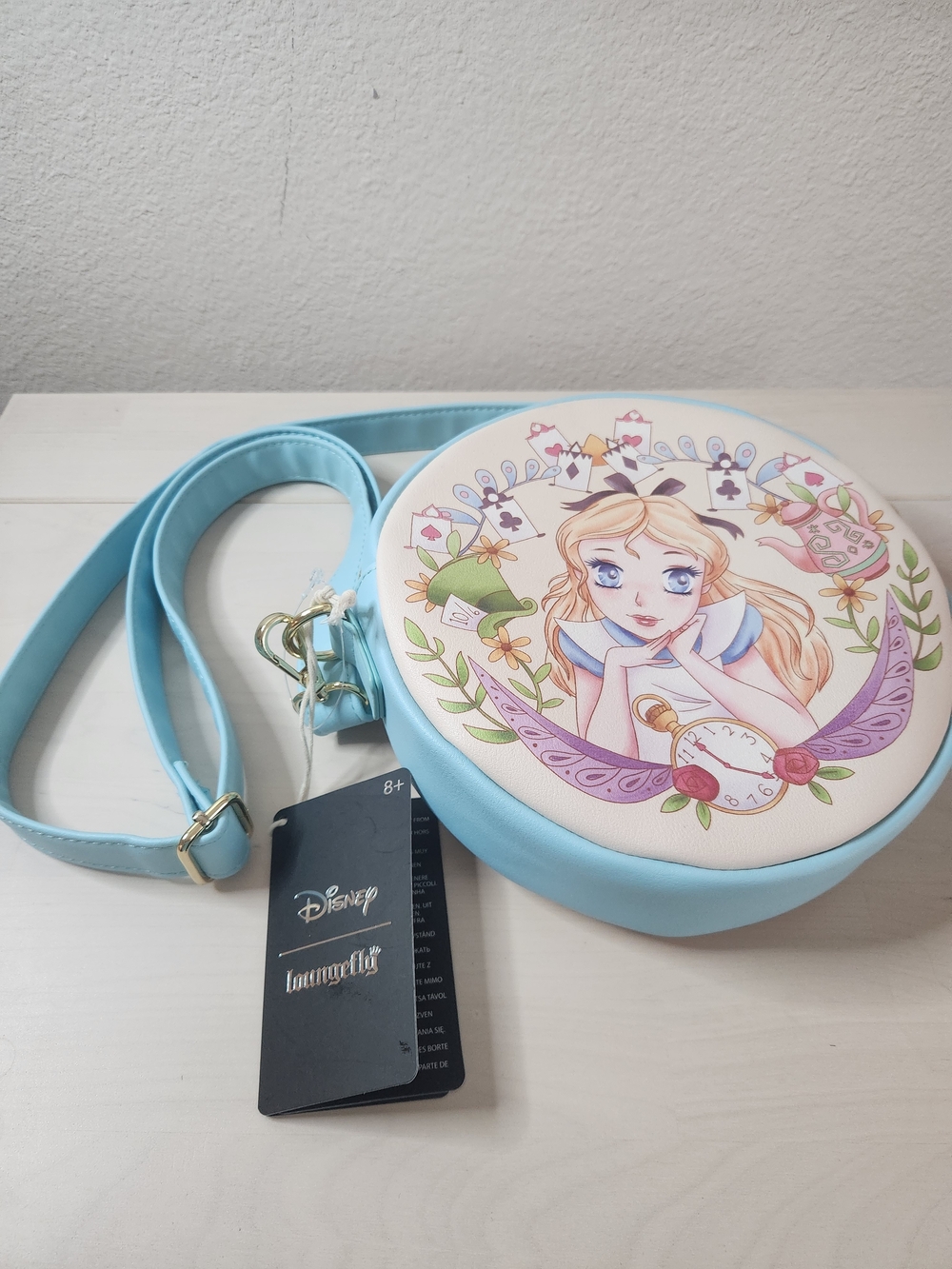 Loungefly Alice Illustration Light Blue Round Crossbody Bag